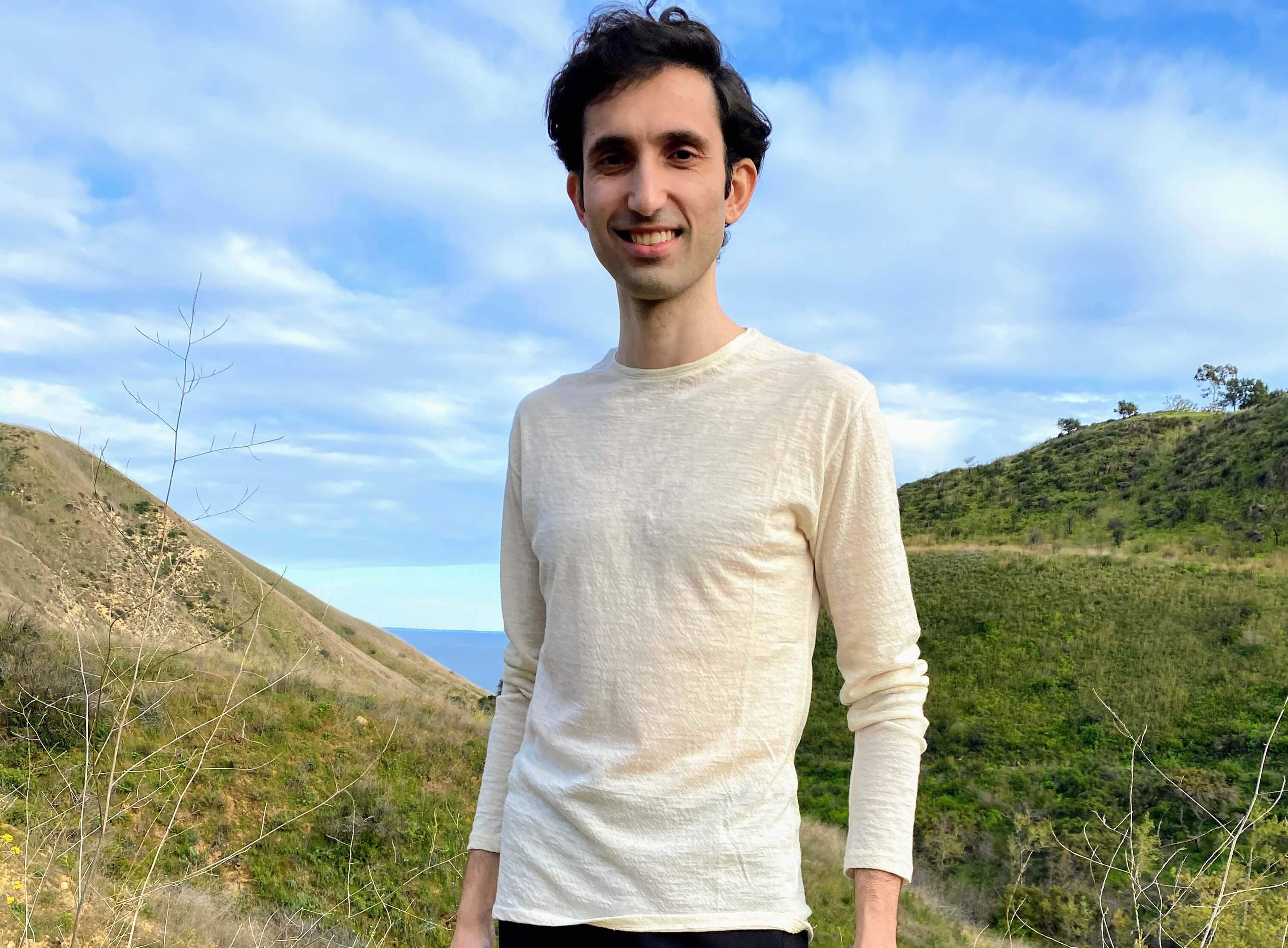 man wearing natural alpaca wool shirt with long sleeve